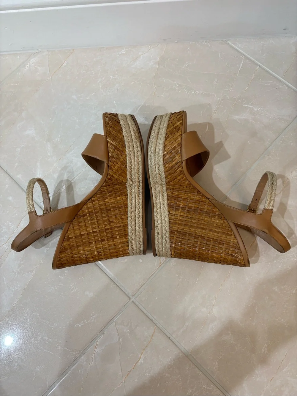 Salvatore Ferragamo Marlene Tan Leather & Wicker Espadrille Wedge Sandals (size